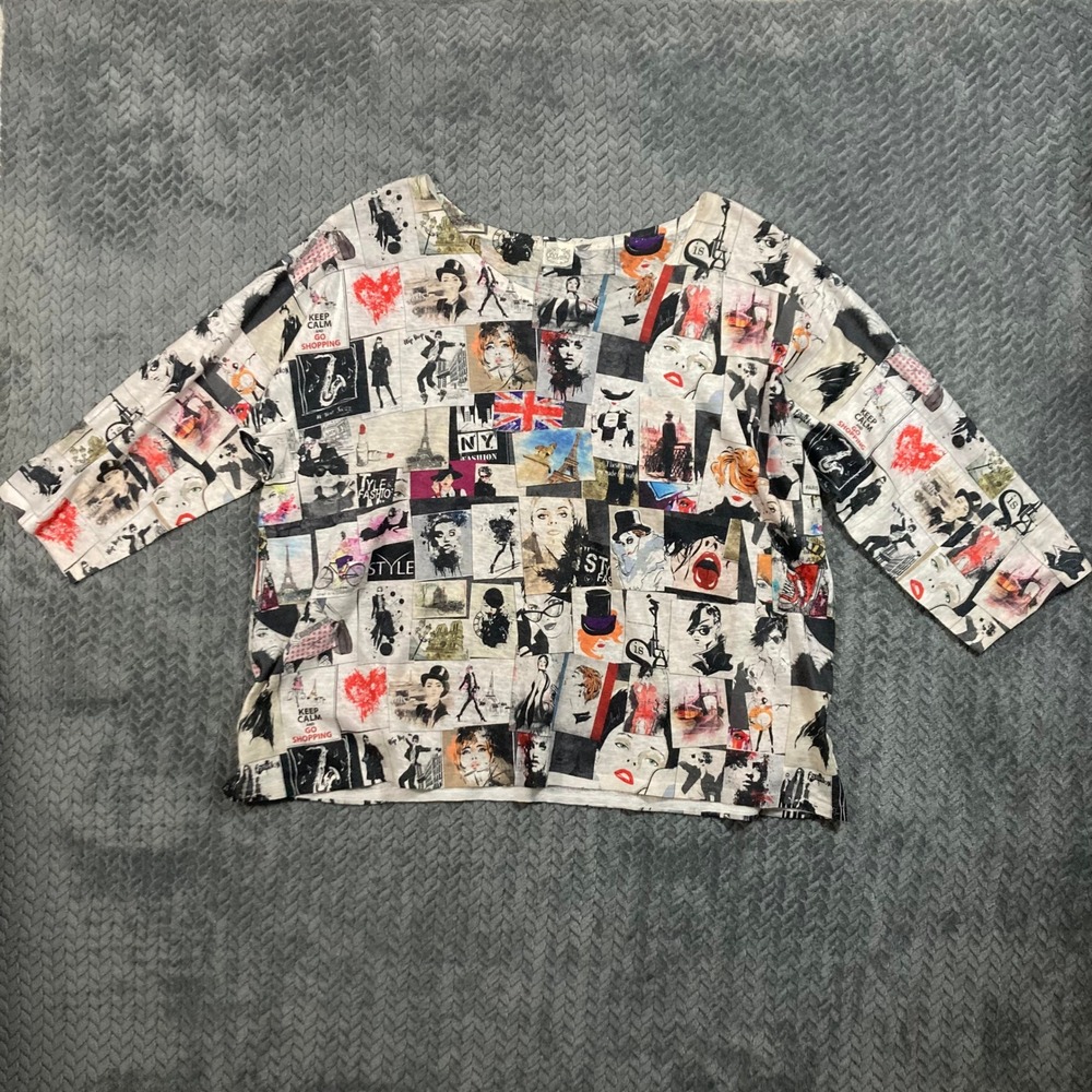 Et Lois Womens 3XL Graphic Print Top 3/4 Sleeve Scoop Neck Paris NY Fashion
